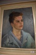 An oil painting, Noelle Knight, lady in blue, signed and dated 1967, 49 x 39cm, plus frame