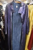 A vintage mauve velvet gown having back metal zipper, around 1950s, and an earlier coat or opera