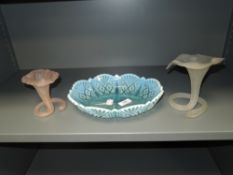 A selection of art glass including two frosted glass lily vase and similar vaseline bowl