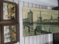 A pair of prints, after Bernard Buffet, harbour scenes, each 19 x 26cm and a similar block print, 57