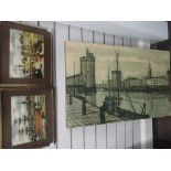 A pair of prints, after Bernard Buffet, harbour scenes, each 19 x 26cm and a similar block print, 57