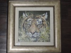 An oil painting on board, David C Lyons, Confrontation No 4, tiger study, signed and dated 2006,