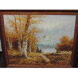 An oil painting on board, G Whitman, autumnal lake and mountain landscape, signed, 50 x 60cm plus