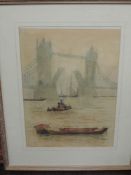 A watercolour, Tower Bridge and the Thames, 44 x 32cm, plus frame and glazed