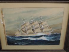 A watercolour, John W Hardcastle, Clyde clipper/ barque, Queen Margaret, signed, 50 x 70cm, plus