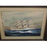 A watercolour, John W Hardcastle, Clyde clipper/ barque, Queen Margaret, signed, 50 x 70cm, plus