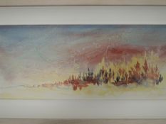An acrylic painting, Joy Grindrod, Tibberthwaite Larches, signed and attributed verso, 20 x 50cm,