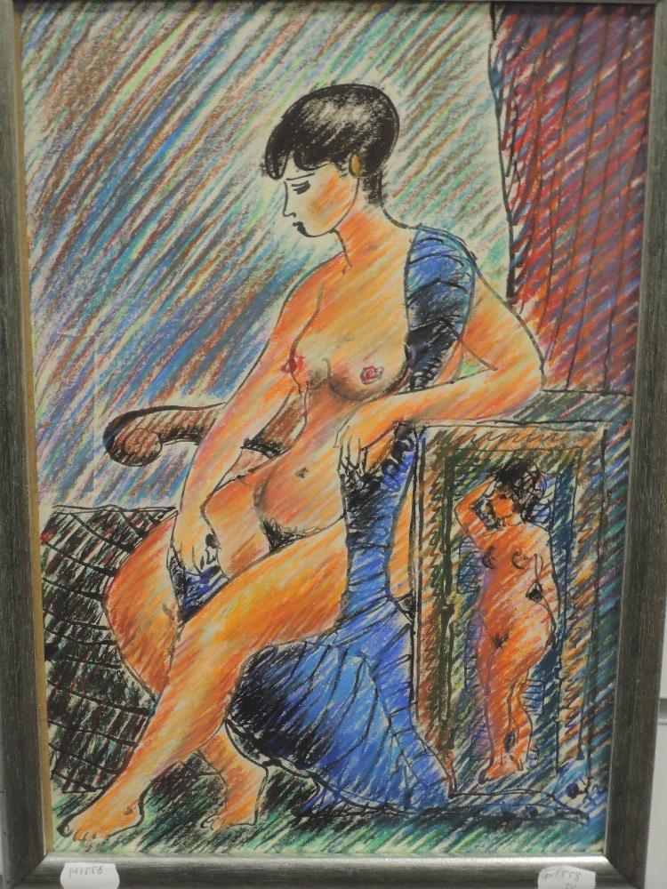 An acrylic painting, attributed to Arthur Kitching, Portrait of a Nude Female, 37 x 25cm, plus frame