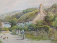 A watercolour, G Oyston, thatched cottage village, signed, 34 x 50cm, plus frame and glazed