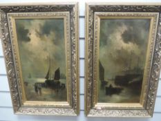 A pair of textured prints, moonlit harbours, 43 x 29cm, plus frame