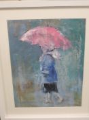 An acrylic painting, Jill E Hands, Pink Umbrella, signed and attributed verso, 39 x 29cm, plus frame