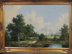 An oil painting, C Wells, mountain and wood landscape, 60 x 90cm, plus frame and glazed