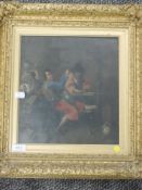 An oil painting, in the style of Cornelius Dusart, tavern scene, attributed verso, 28 x 26cm, plus