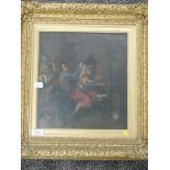 An oil painting, in the style of Cornelius Dusart, tavern scene, attributed verso, 28 x 26cm, plus