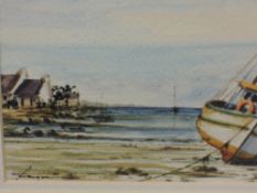 A watercolour, low tide, indistinctly signed, 12 x 16cm, plus frame and glazed