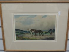 A coloured etching, after Joseph Kirkpatrick, village plough, signed, 20 x 30cm, plus frame and