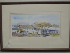 A watercolour, Sheila Aslam, The White Farmhouse, signed, 15 x 32cm, plus frame and glazed