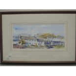 A watercolour, Sheila Aslam, The White Farmhouse, signed, 15 x 32cm, plus frame and glazed