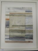 A fabric picture, Shelley Rhodes, Down the Track, signed and attributed verso, 37 x 29cm, plus