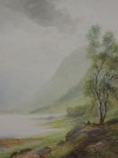 A watercolour, EAJ, Lake landscape, indistinctly signed, 34 x 24cm, plus frame and glazed