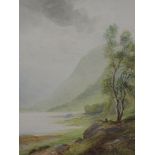 A watercolour, EAJ, Lake landscape, indistinctly signed, 34 x 24cm, plus frame and glazed