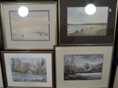 Four water colour paintings including beech scenes