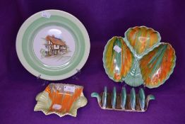 Four art deco ceramics by Shelley including toast rack and Eric W Slater painted plate.