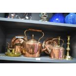 A good assortment of vintage and antique copper and brass ware including large kettle, candle