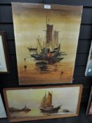 Two original oil paintings of ships at sunset