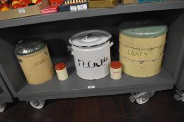 A selection of vintage kitchenalia including enamel flour bin and similar, Tala three tier cake