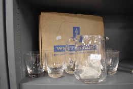 A vintage Whitefriars Hand made crystal water set comprising of jug and glasses with box.