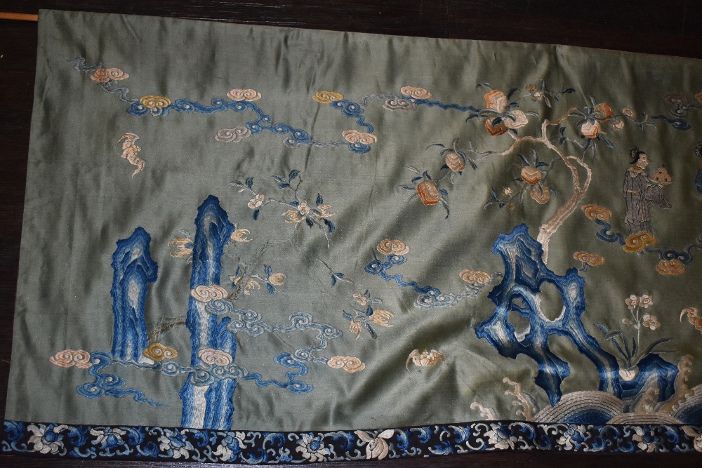 A large oriental wall hanging using silk thread on silk or silk blend fabric, around early 20th - Image 15 of 15