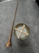 A brass cast jam pan and a copper post horn