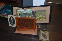 A selection of prints and pictures including copper etched and similar