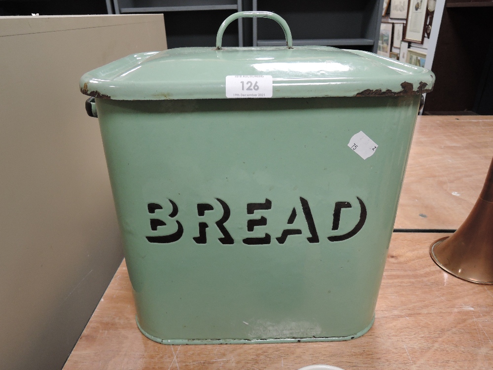 A vintage green enamel bread bin, around 1940s.