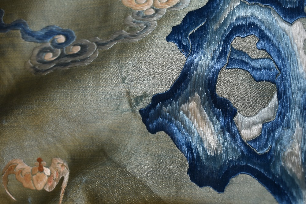 A large oriental wall hanging using silk thread on silk or silk blend fabric, around early 20th - Image 9 of 15