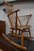 A beech rocker, probably Ercol though unmarked apart from a faint stamp