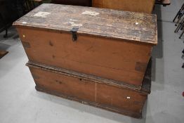 Two traditional wooden bedding or tool boxes , probably 19th Century, in need of some restoration