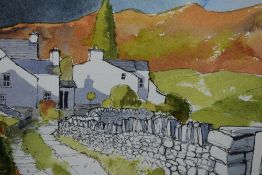 A pen and watercolour Stormy Sky over Troutbeck by John HArrison. Signed framed and glazed