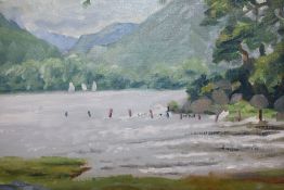 An oil on board Friar's Cragg, Derwentwater by Haydn Morris. Signed and framed