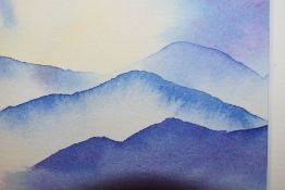 A watercolour Ullswater Blues by Jane Ward. Signed, framed and glazed