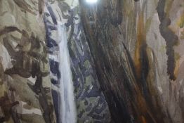 A watercolour Dungeon Ghyll Force by Julian Cooper. Signed, framed and glazed