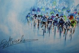 A limited edition print Peloton by Sue Cumella. Signed by Eddie Merckx the five time winner of the