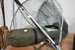 Two landing nets a brass folding gaff and fishing tent.