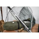 Two landing nets a brass folding gaff and fishing tent.