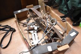 A complete collarum fox trap and two vintage gin traps and an old wooden mole trap