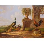 ALBERTUS VERHOESEN (1806-1881) A PEACOCK AND CHICKENS WITH AN ANCIENT RUIN BEYOND
