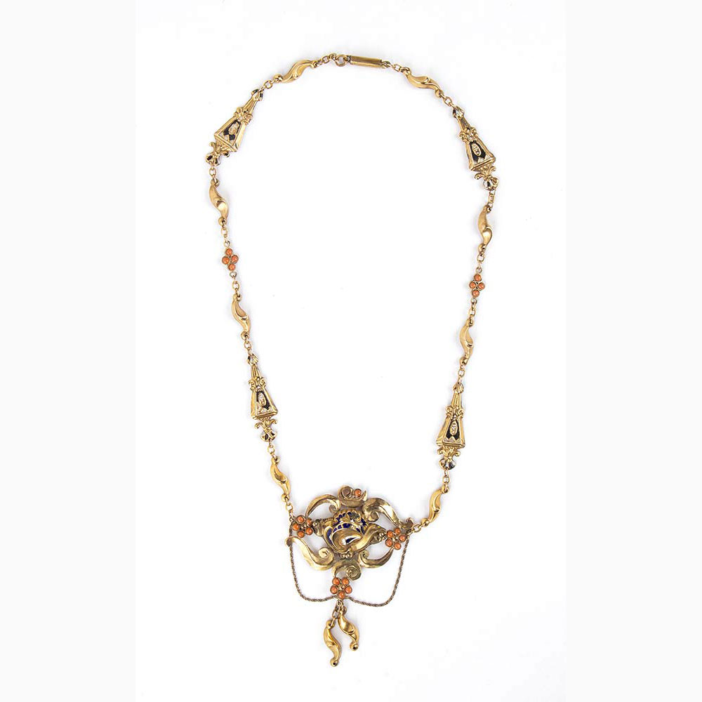Gold, Mediterranean coral and enamel necklace - Sicily, 19th Century
