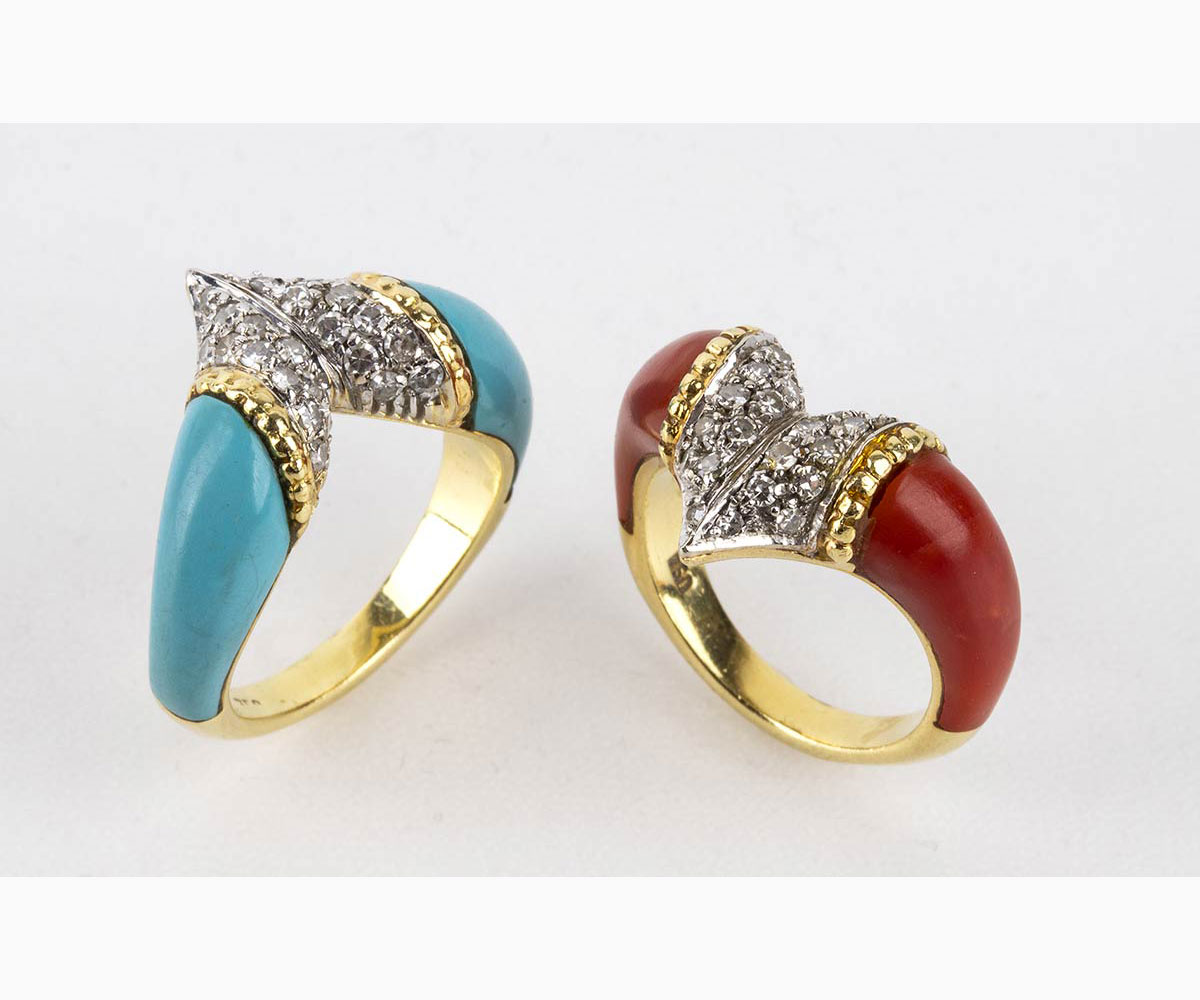 Pair of diamond, Mediterranean coral and turquoise rings