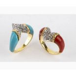 Pair of diamond, Mediterranean coral and turquoise rings